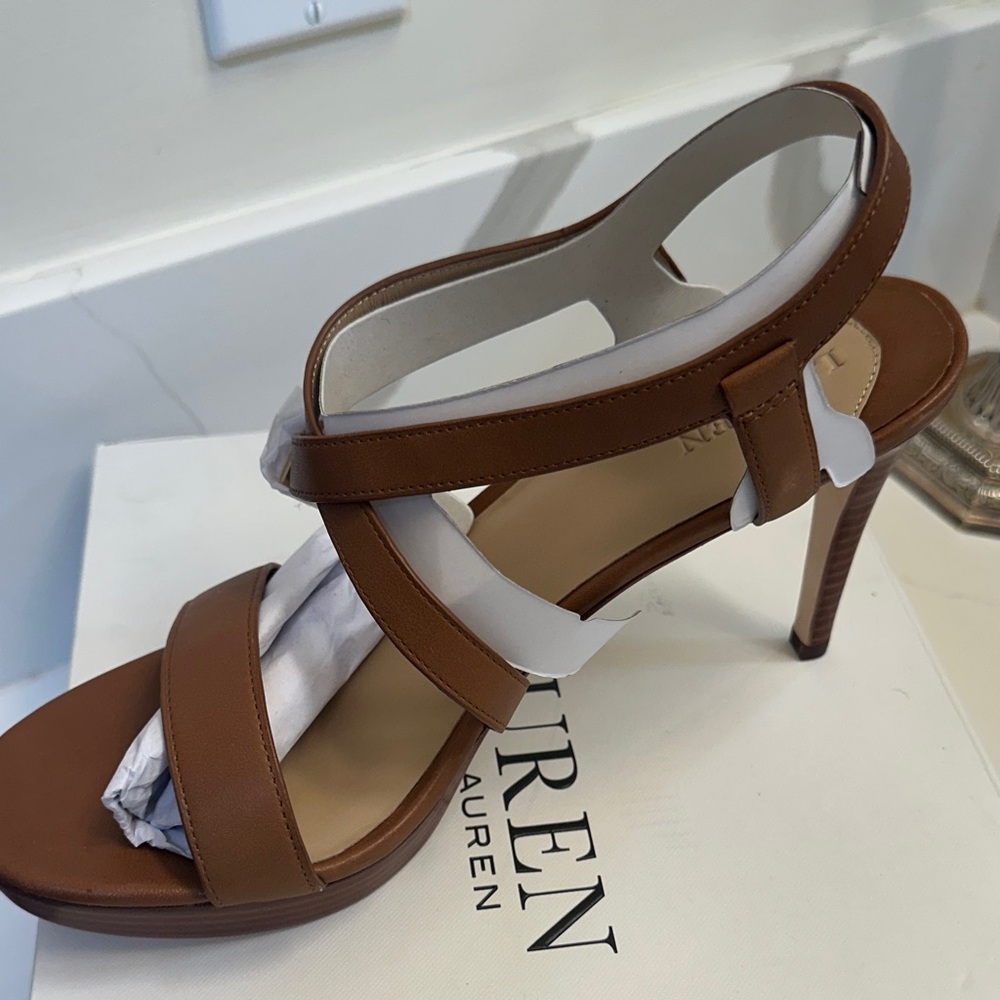 Lauren Ralph Lauren Cognac Brown Leather Strappy High Heel Sandals